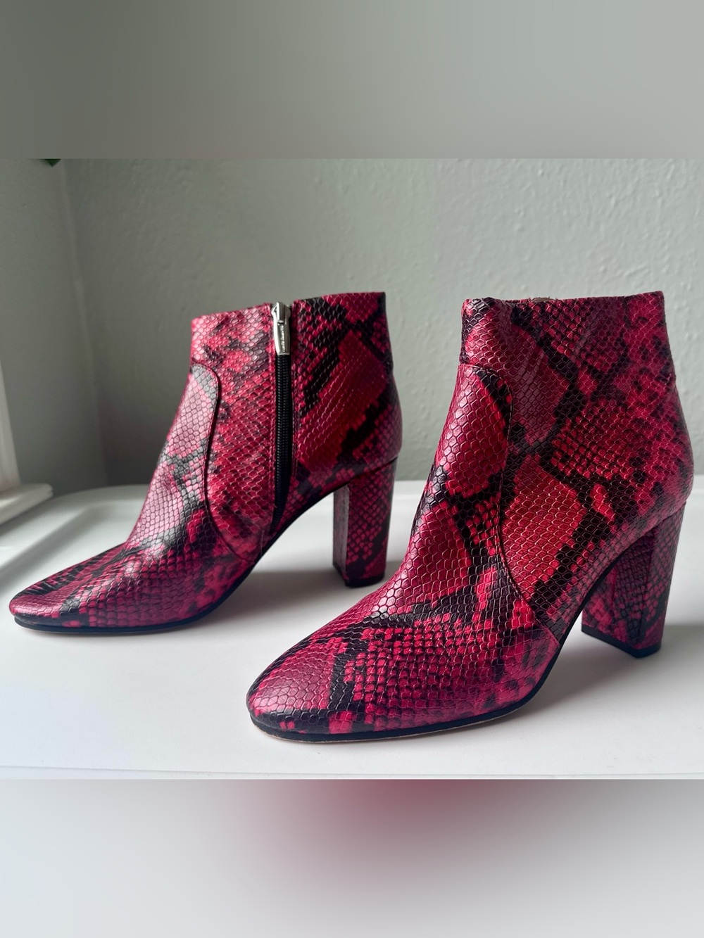 Vince Camuto Red and Black Snake-Print Sanstan Booties
